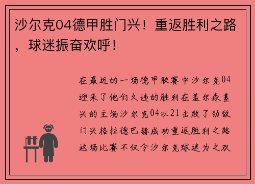 沙尔克04德甲胜门兴！重返胜利之路，球迷振奋欢呼！
